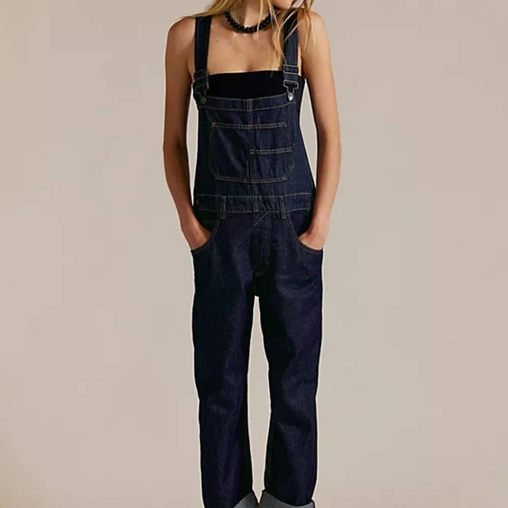 Free People Blue Denim Overalls Classic Straight-Leg